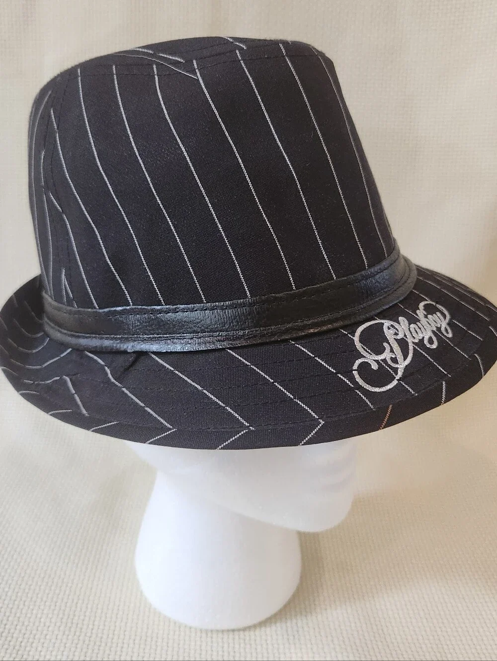 Vintage Y2K Playboy Bunny Pinstripe Fedora Hat Black Silver Metallic McBling S/M
